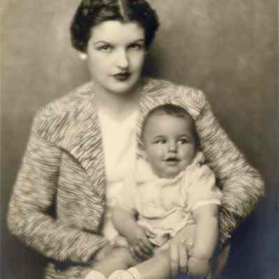 Coe_Natalie_045: Portrait of Natalie Coe and her son, Ernesto/Tino Vitetti; "Good Shooting - Tino" written on bottom