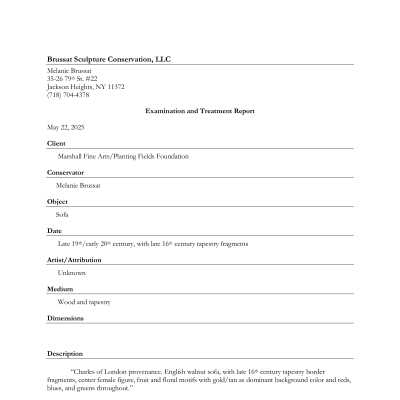Sofa treatment report following Marshall Fine Art damage