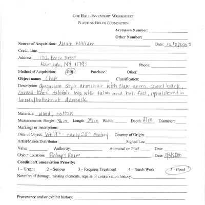 Previous inventory sheet. No accession number.