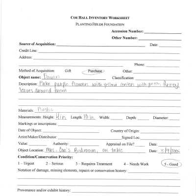 previous inventory worksheet for fake flowers (in scanned photo)