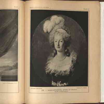 Marie Antoinette attributed to Vigee-LeBrun (false): Page from Five Centuries of French History Mirrored in Five Centuries of French Art, New York World’s Fair 1939 obtained from Winterthur Library in 2025. It's believed this painting was done in the style of Vigee-LeBrun.