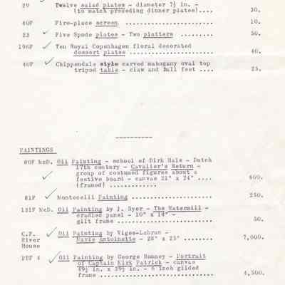 Document circa 1950s from of items sent to Robert Coe's home in Cannes Frances: Includes Marie Antoinette (attributed to Vigee-LeBrun), and previous location at the River House