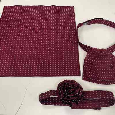 Burgundy pocket square, rosette, ascot tie