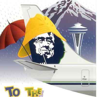 Fly Alaska To The Northwest: Eskimo on tail with rain hat, umbrella & Mt. Rainier & Space Needle - CRD00014
