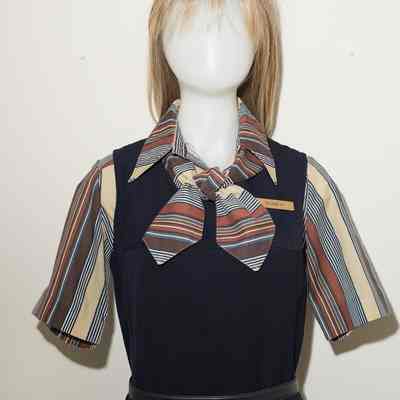 Chocolate striped shirt with matching tie (tie could be worn multiple ways), ink blue or camel jumper, matching blazer. Worn with black, navy or brown shoes. Ink blue pants and blazer also available. Belt.