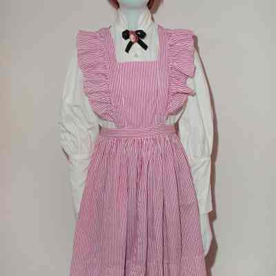 Red-striped apron. Apron used over white blouse and red velvet short skirt.
Collection: Elizabeth Kitely