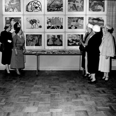 1957 The Tilicum Art Festival. Phyllis Hossum, Betty Schadegg, ??, Mildred French, Nell Dales, Mattie Brown admire display.