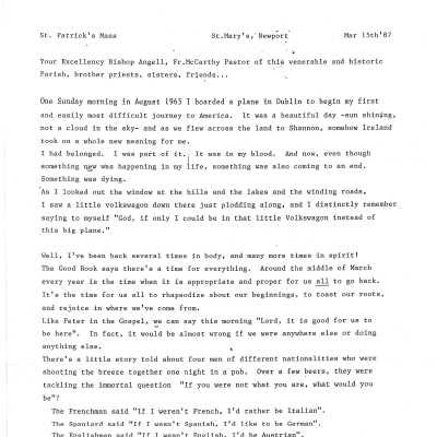 1987 Irish Mass Sermon at St. Mary's