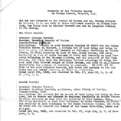 Property of the Catholic Church on Barney Street April 29, 1851