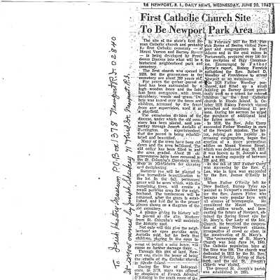 Newport Daily News "First Catholic Church Site To Be Newport Park Area"