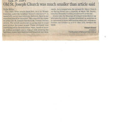 "Old St. Joseph Church was much smaller than article said" February 20, 2001