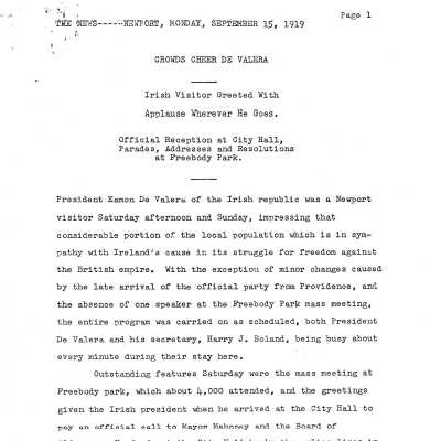 1919 Transcribed article in NDN concerning Eamon DeValera’s visit to Newport
