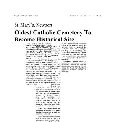 1962 Providence Visitor Oldest Catholic Cemetery