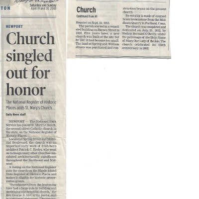 Newport Daily News "Church singled out for honor" April 19 and 20, 2008