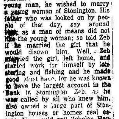 Letter about Zeb Hancock of Stonington CT