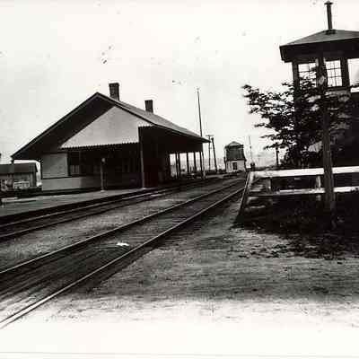 Stonington train depot with small tower on right, North Main Street, Stonington CT
