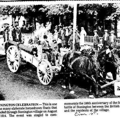 Newsclipping showing horse-drawn float carrying cannon during parade, Elm Street, Stonington CT
