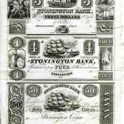 Partial sheet of bank notes from Stonington Bank $3.00, $4.00, and $50.00