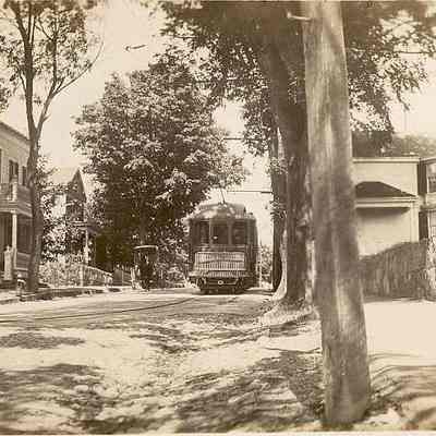 Trolley car on Elm Street, Stonington CT