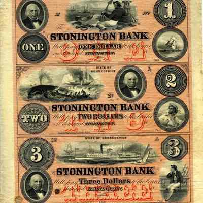 Partial bank note sheet from Stonington Bank $1.00, $2.00, $3.00