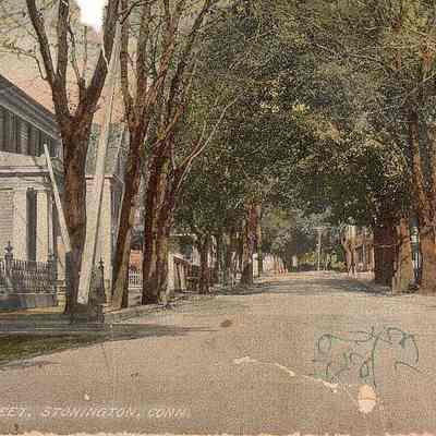 Main Street looking north with crossing gates in foreground, Stonington CT