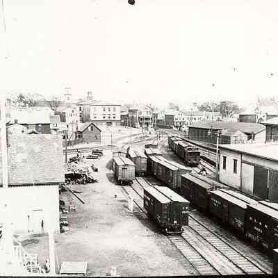 Town landing, rail year with buildings in background, Stonington CT