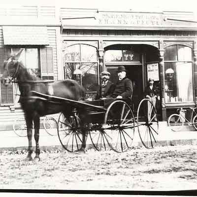 Horse and buggy outside of Dr. C. P. Brayton & Co. Pharmacists. Corner of High Street and Main Street, Stonington CT