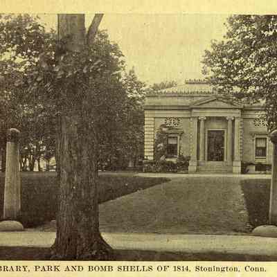 Public LIbrary, park and Bomb Shells of 1814, Stonington CT