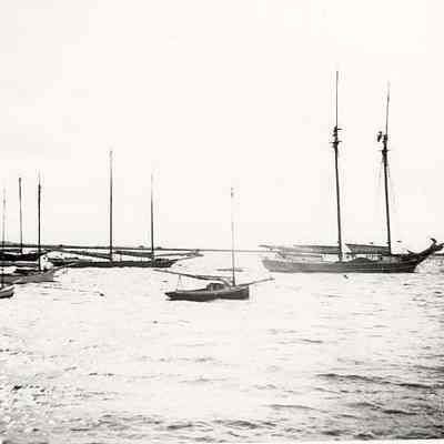 Harbor with sailing boats at anchor, Stonington CT