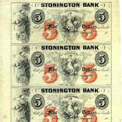 Partial sheet of bank notes from Stonington Bank $5.00, $5.00, and $5.00