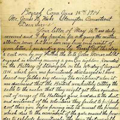 John Haley Miner letter, 1914 re 1814 coate