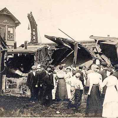 Train wreck with men, women and children in front, Stonington CT