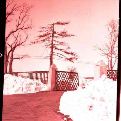 Looking up driveway at Palmer House in winter