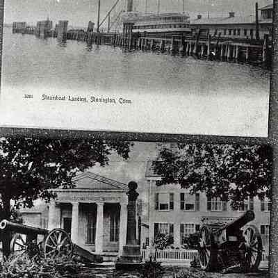 Photo of two postcards; one of Steamboat Landing; other of Cannon Square, Stonington CT