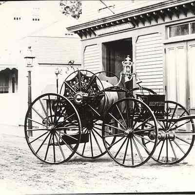 Neptune Engine Co. horse-drawn truck outside Borough Hall, Stonington CT