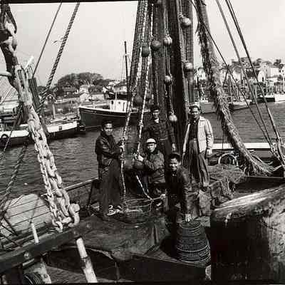 Fishing crew on board at dock, Stonington CT