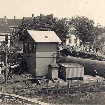 Train wreck with peopole, houses, and junction, Stonington CT