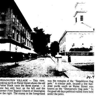 Water Street with Potter Block on left and First Baptist Church on right, Stonington CT
