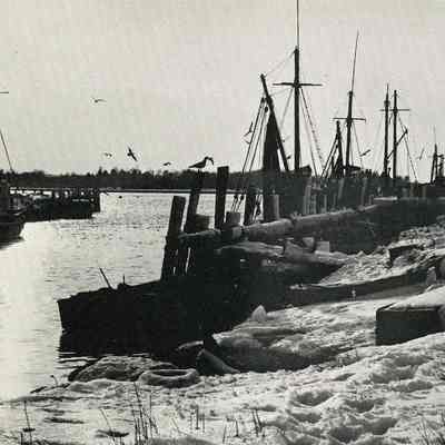 Fishing boats at docks in winter, Stonington CT