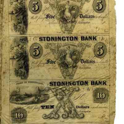 Partial sheet of bank notes from Stonington Bank $5.00, $5.00, and $10.00