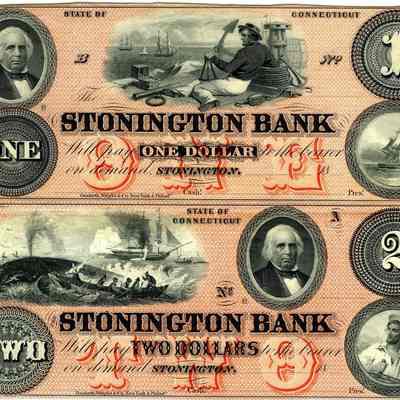 Partial sheet of bank notes from Stonington Bank $1.00, $2.00