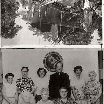 2 photos: Old St. Mary's being torn down; Father Loftus with group of ladies, Stonington CT