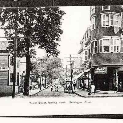 Water and Union Streets with Burtch's Drug Store on corner, Stonington CT