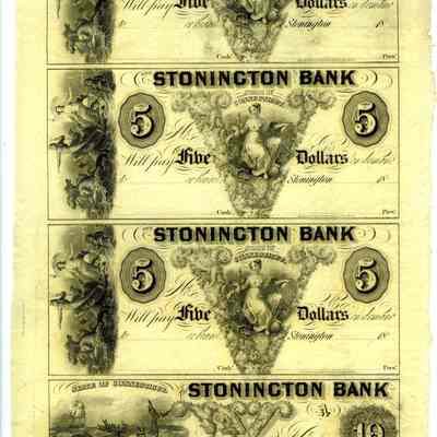 Full sheet of bank notes from Stonington Bank $5.00, $5.00, $5.00, and $10.00