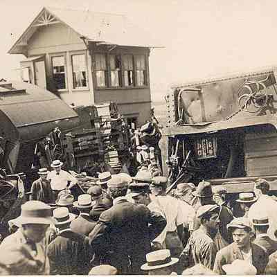 People in front of train wreck, Stonington CT