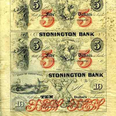 Partial sheet of bank notes from Stonington Bank $5.00, $5.00, and $10.00