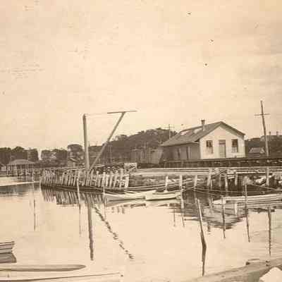 Upper harbor with railroad freight house on right, Stonington CT