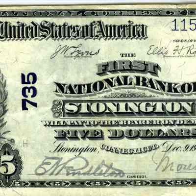 Five dollar bank note issued by the First National Bank of Stonington