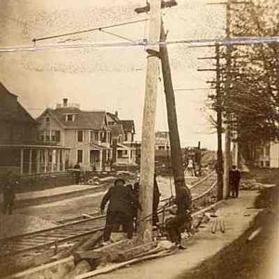 Working on trolley tracks, Elm Street, Stonington CT