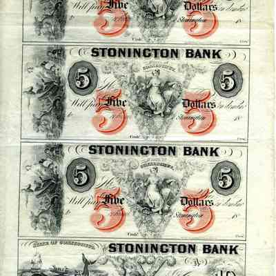 Full sheet of bank notes from Stonington Bank $5.00, $5.00, $5.00, and $10.00